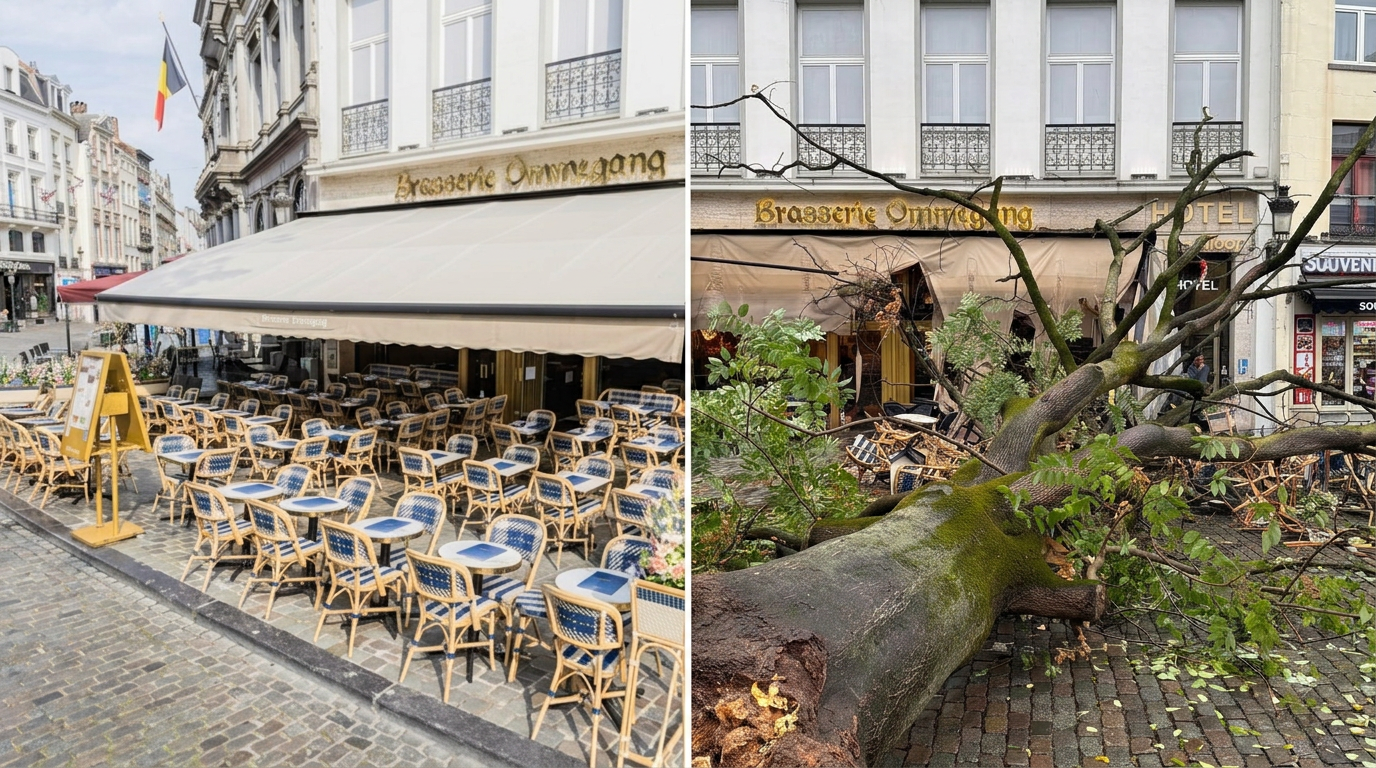 Brasserie Ommegang: support for those injured and the entire team after the storm Brasserie Ommegang: terrace before the storm on the left, fallen tree on the terrace on the right