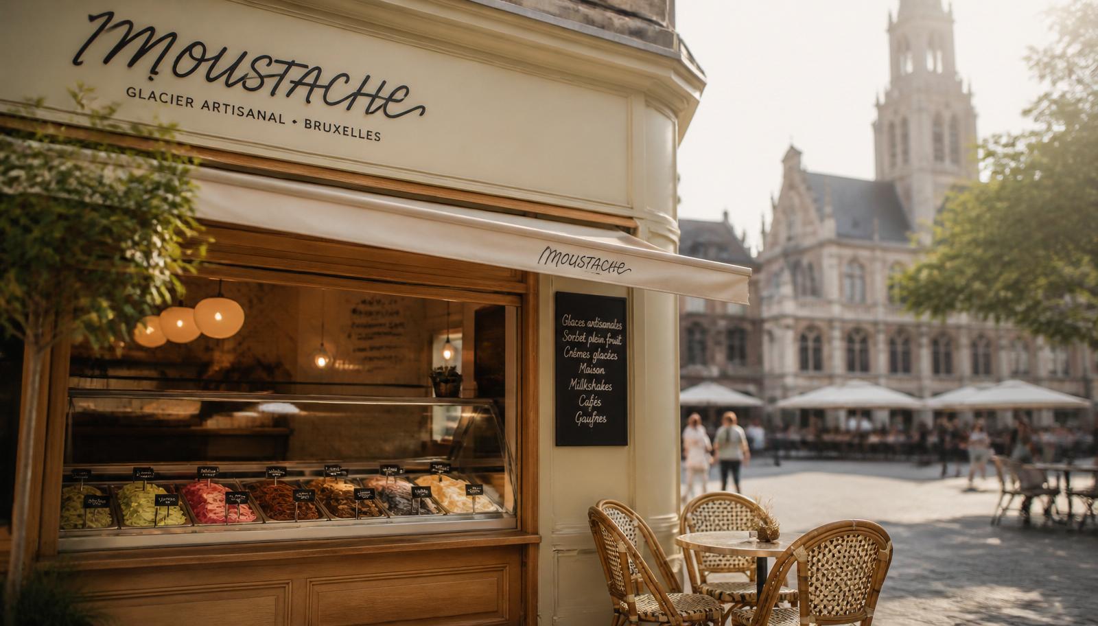 Devanture du glacier Moustache place Saint-Lambert à Bruxelles avec sa terrasse en rotin et ses bacs de glaces artisanales