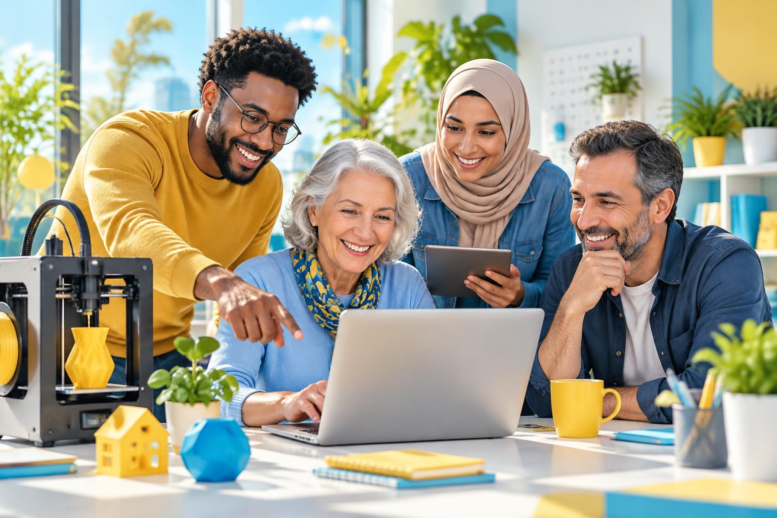 Semaine numérique 2026 : Bruxelles apprend, crée et partage Illustration IA lumineuse : quatre adultes découvrent un ordinateur, une tablette et une imprimante 3D ; scène fictive, non photographiée lors de l’événement.
