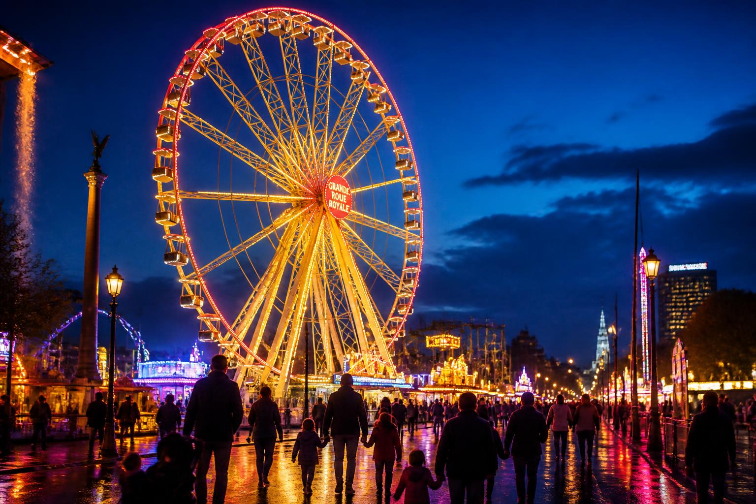 La Grande Roue Royale illuminée à la tombée de la nuit sur le Boulevard du Midi