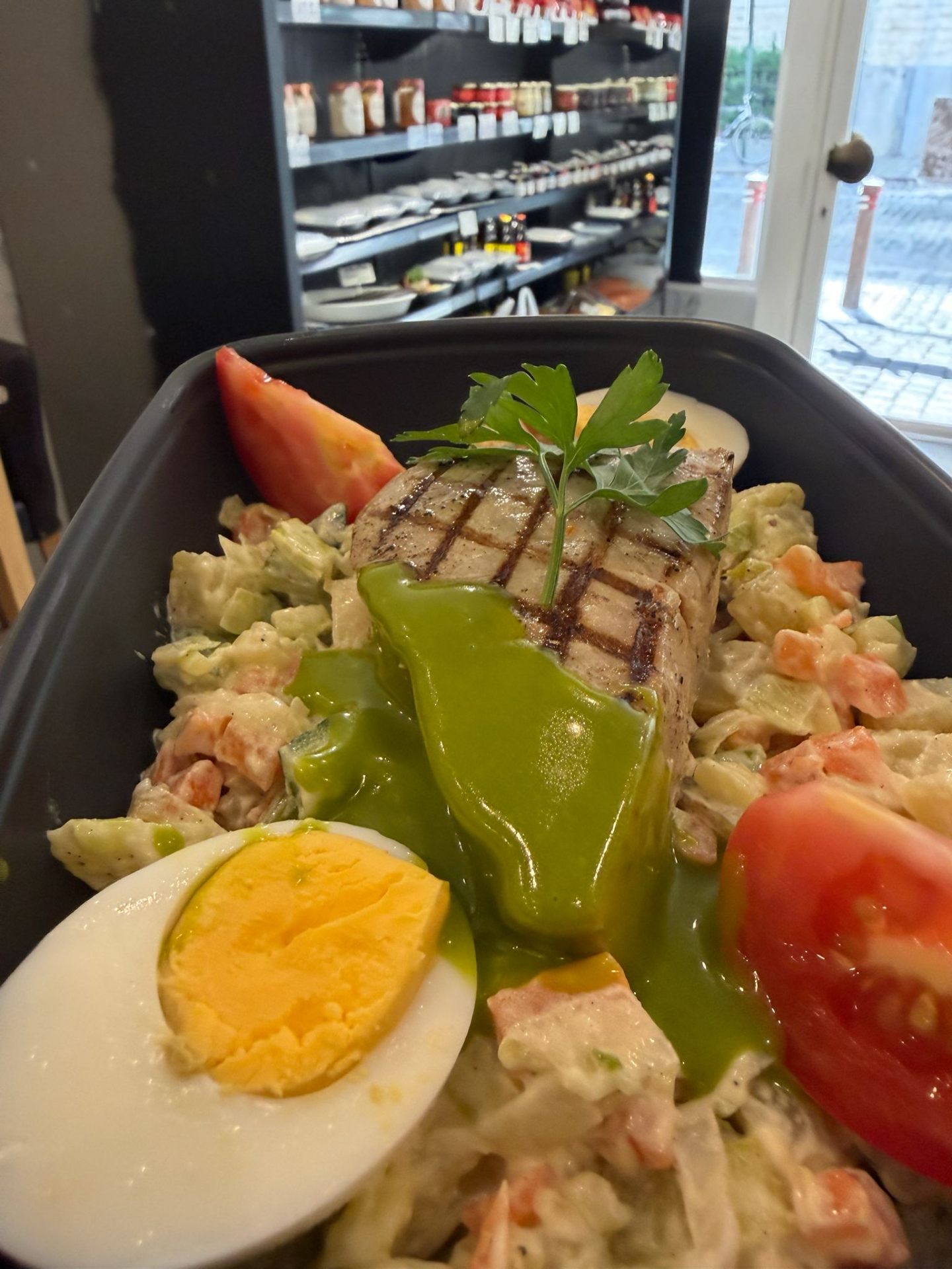 Grilled tuna, green herb sauce, mixed salad and egg