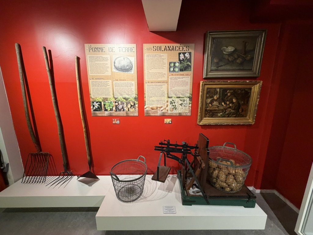 Red gallery with farming tools and historical documents at the Friet Museum