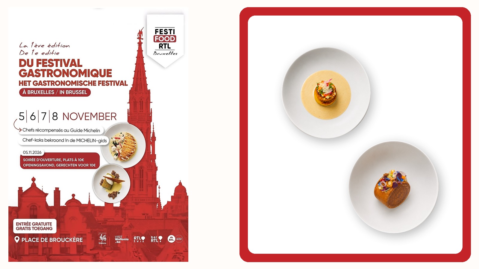 Montage BXL Positive à partir de l’affiche et de visuels culinaires officiels Festifood RTL. Officiële affiche van Festifood RTL Brussel 2026 met twee gerechten van het festival