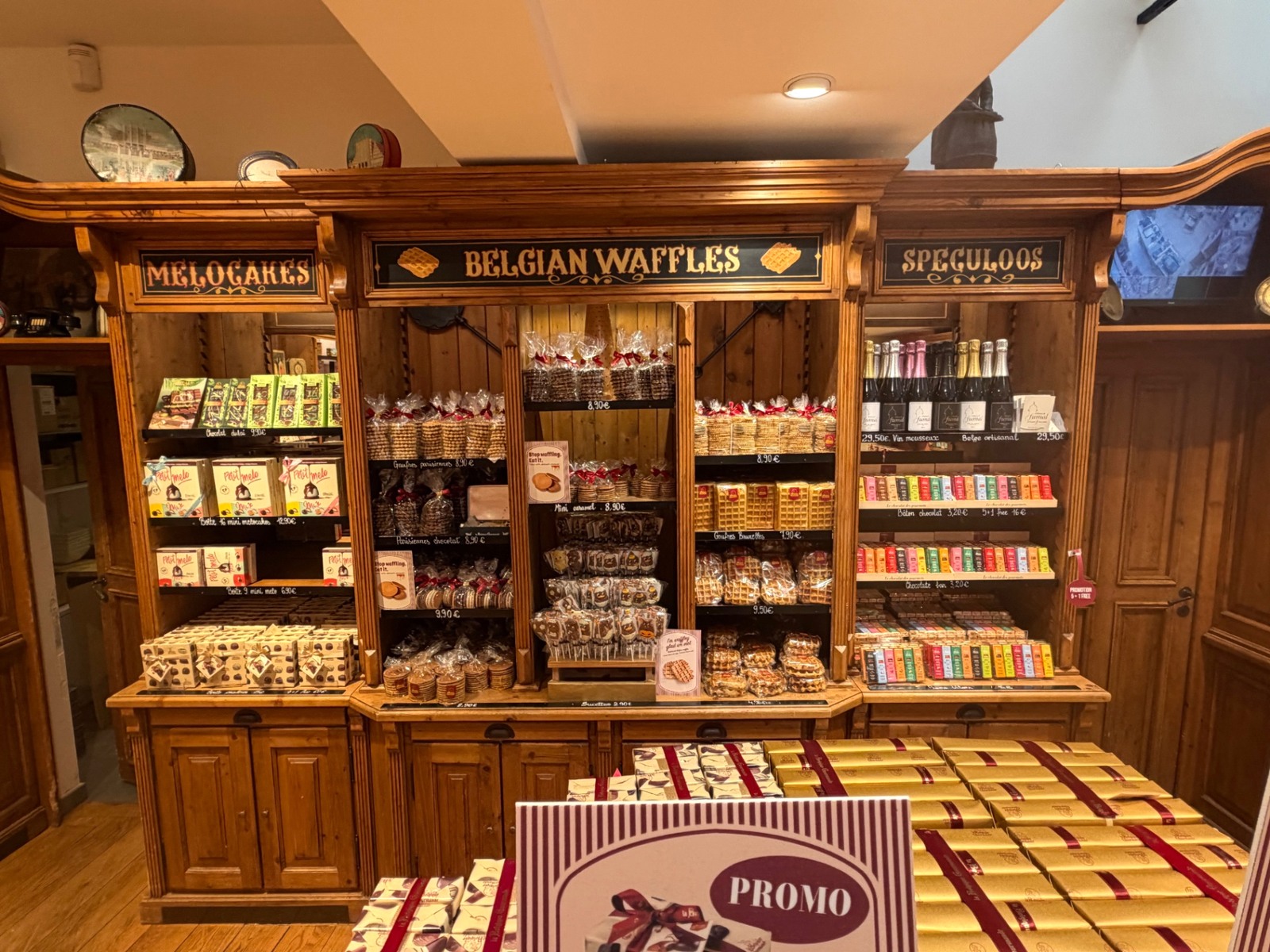 Shelves of waffles, speculoos and Belgian chocolate