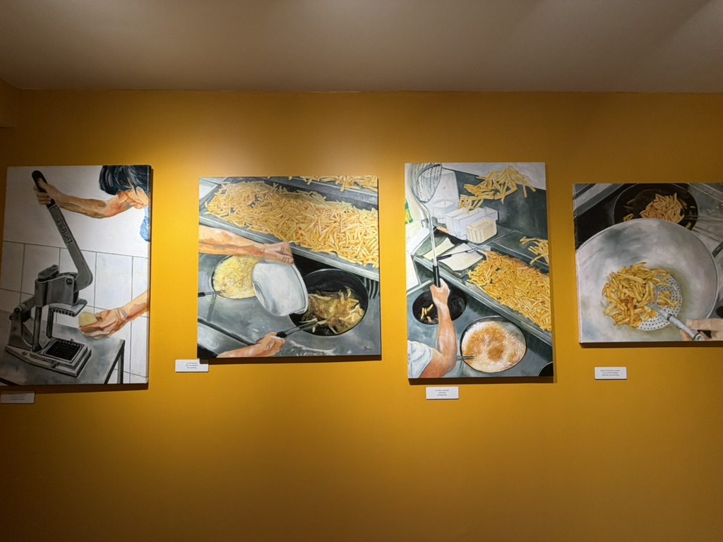 Four artworks about preparing and cooking Belgian fries