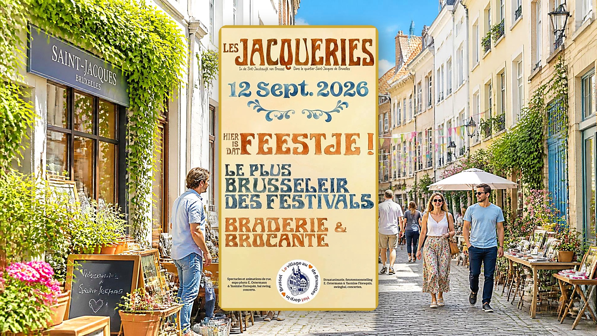 Affiche officielle des Jacqueries 2026 (12 septembre) devant la rue Saint-Jacques ensoleillée, quartier Saint-Jacques à Bruxelles