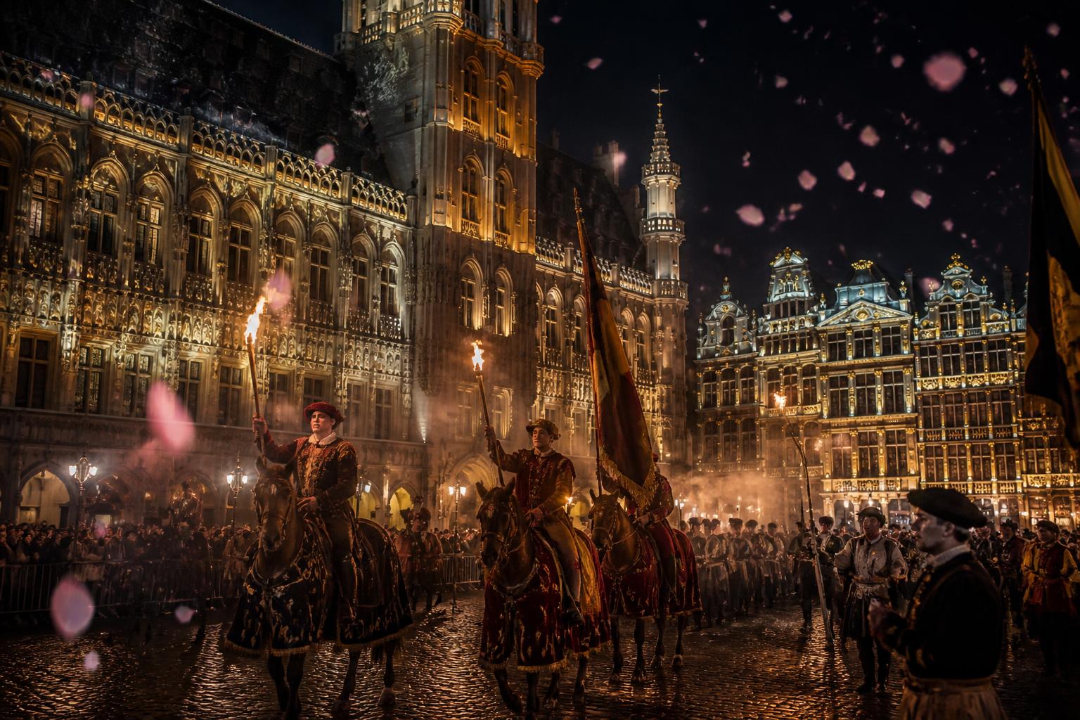 Grand-Place de Bruxelles illuminée la nuit pendant l'Ommegang, cortège Renaissance aux torches sous une pluie de pétales de cerisier japonais
