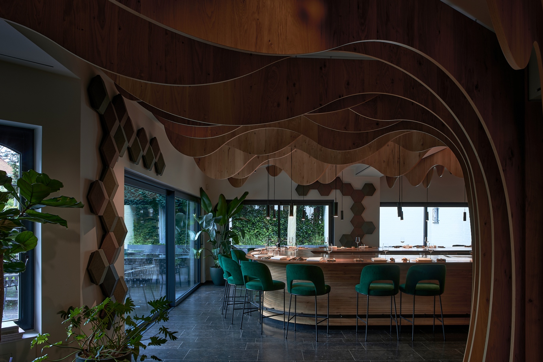 Dining room and sculpted wooden ceiling