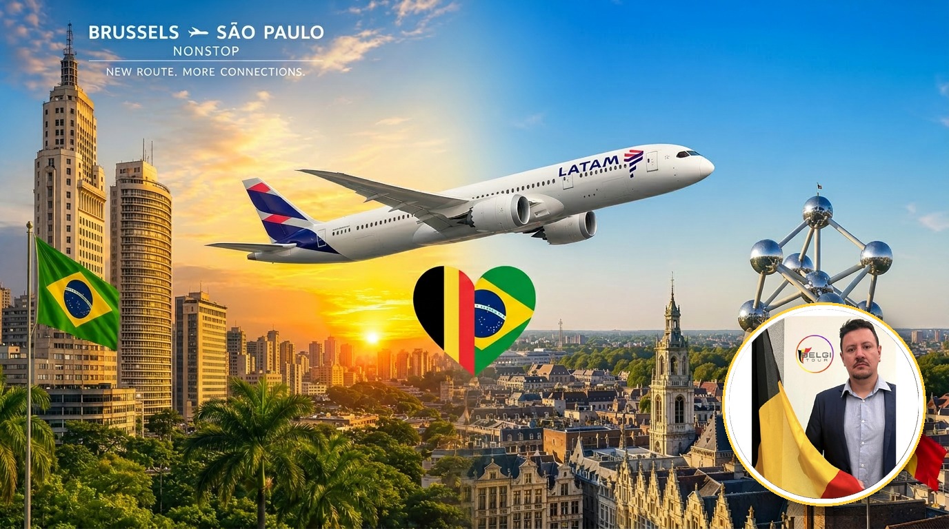Avion LATAM Airlines reliant São Paulo à Bruxelles, avec un cœur fusionnant les drapeaux brésilien et belge