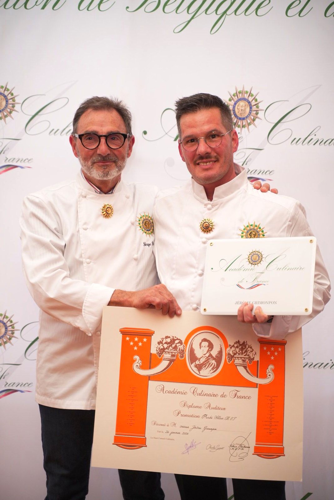 Chef Jérôme Grimonpon with his Académie Culinaire de France diploma and plaque