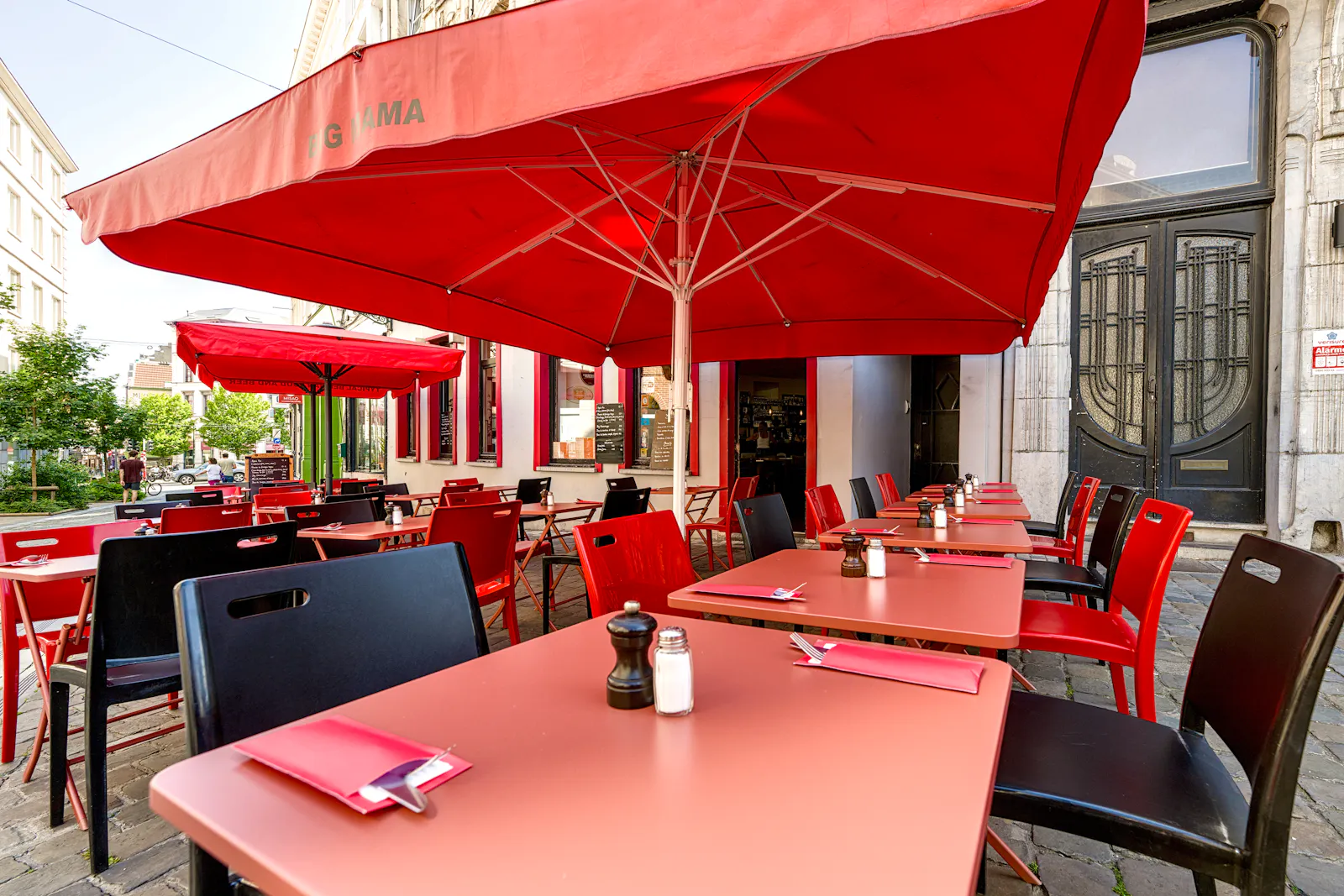 Big Mama’s red terrace on Place de la Vieille Halle aux Blés in Brussels