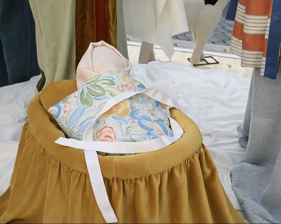 Détail de la crèche 2025 : l’Enfant Jésus en tissu fleuri dans son berceau doré