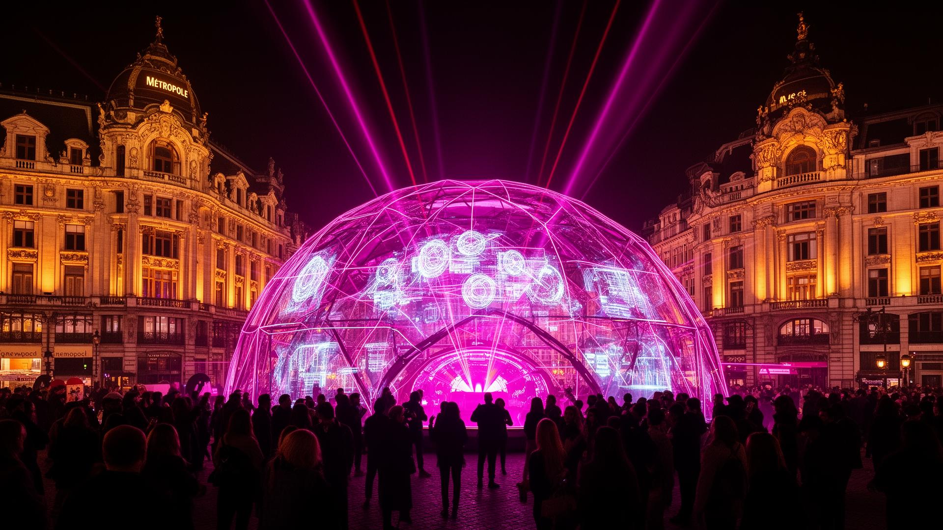PRODIGY12 — installation immersive place De Brouckère, dôme lumineux magenta et lasers