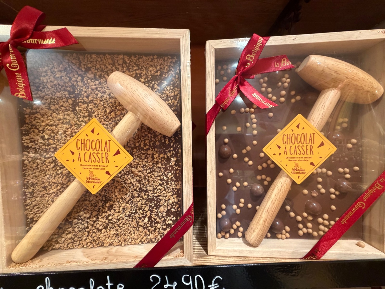 Breakable chocolate slabs with wooden mallets
