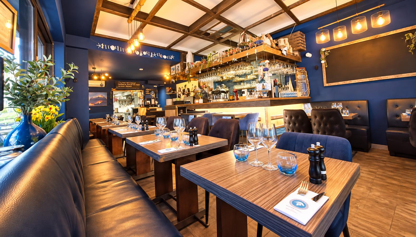 Menelas in Brussels: three generations, a Greece that is very much alive on the plate The Menelas dining room, set tables and bar, in a photograph with AI-assisted lighting enhancement.