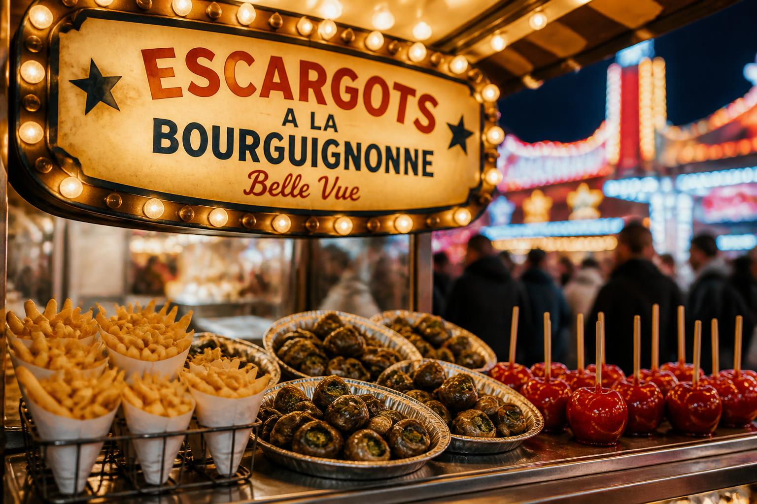 Stand d’escargots à la bourguignonne, cornets de frites et pommes d’amour rouges — les gourmandises iconiques de la Foire du Midi