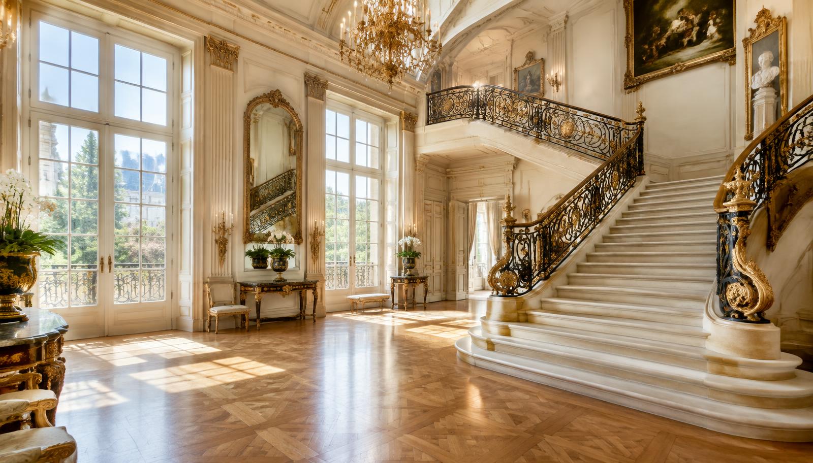 Le Grand Temple égyptisant de la loge Les Amis Philanthropes, rue du Persil, ouvert à la visite pendant l’ANTE Festival Bright grand staircase of a 19th-century Brussels mansion, bathed in daylight