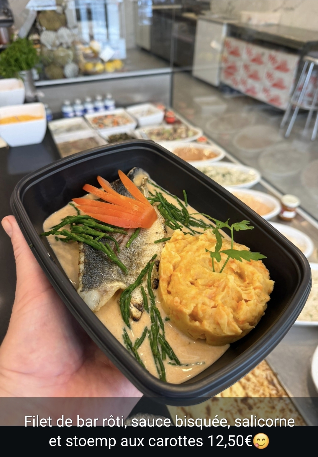 Roasted sea bass fillet, bisque sauce, samphire and carrot stoemp — €12.50