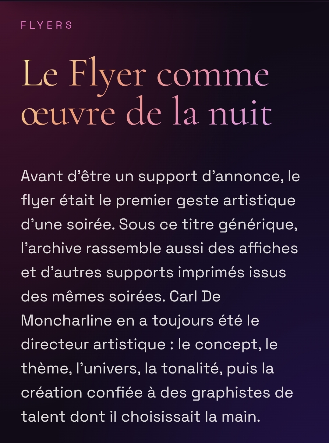 The flyer as a work of nightlife art in Carl De Moncharline’s archive