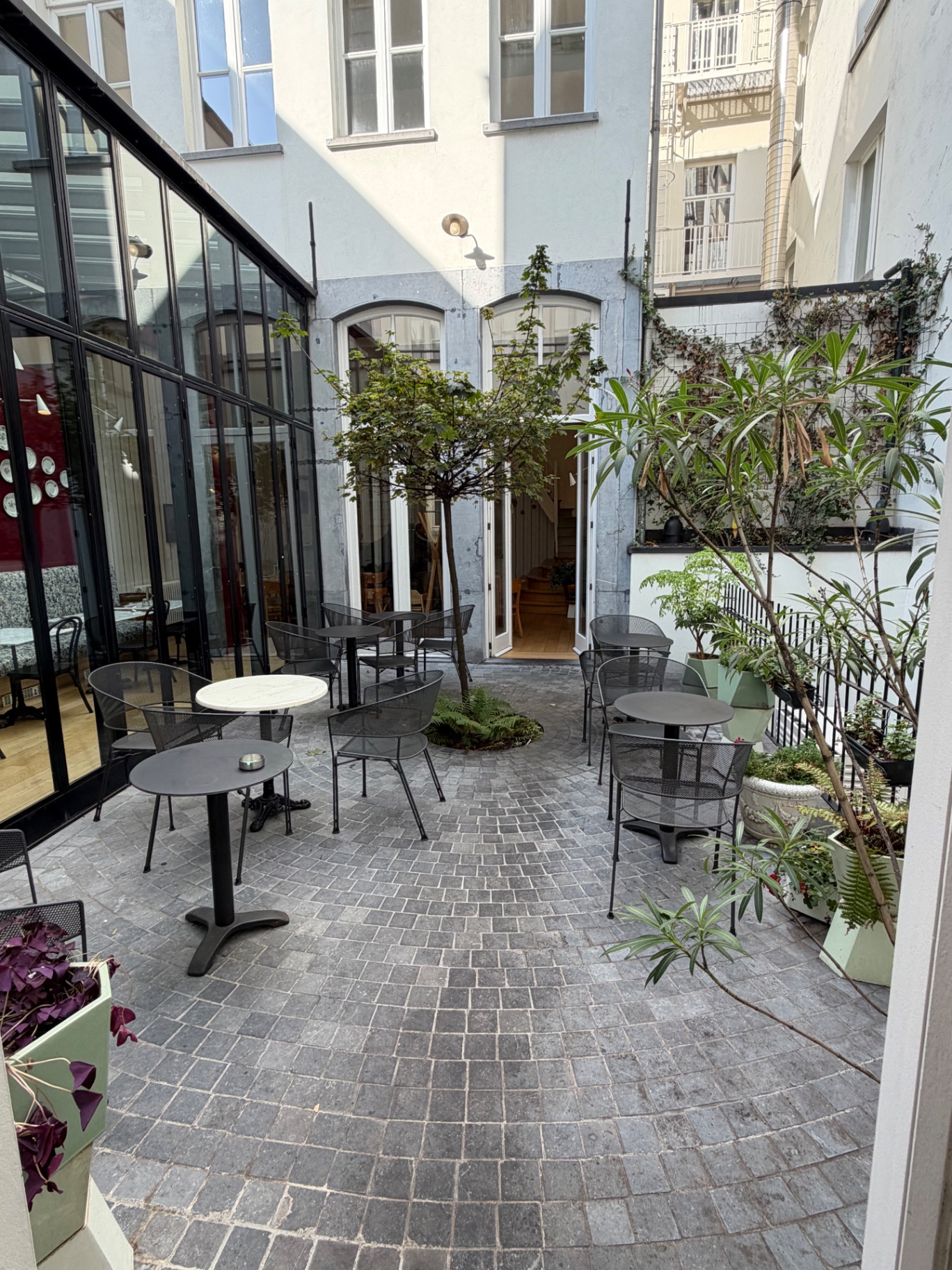 Cour intérieure pavée de Sina Pasta avec tables en fer et plantes vertes