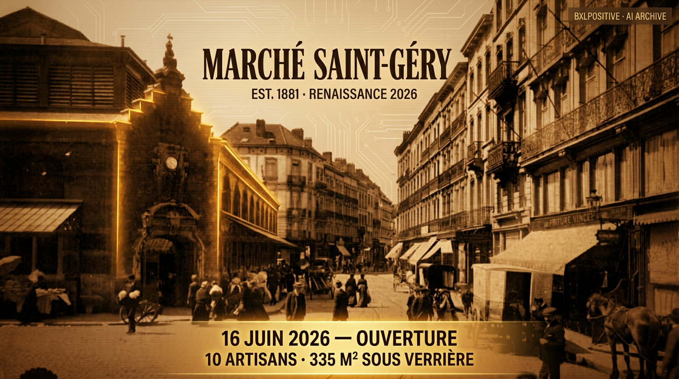 Halles Saint-Géry in 1881, AI augmented archive — opening 16 June 2026, 10 artisans, 335 m² under the glass roof