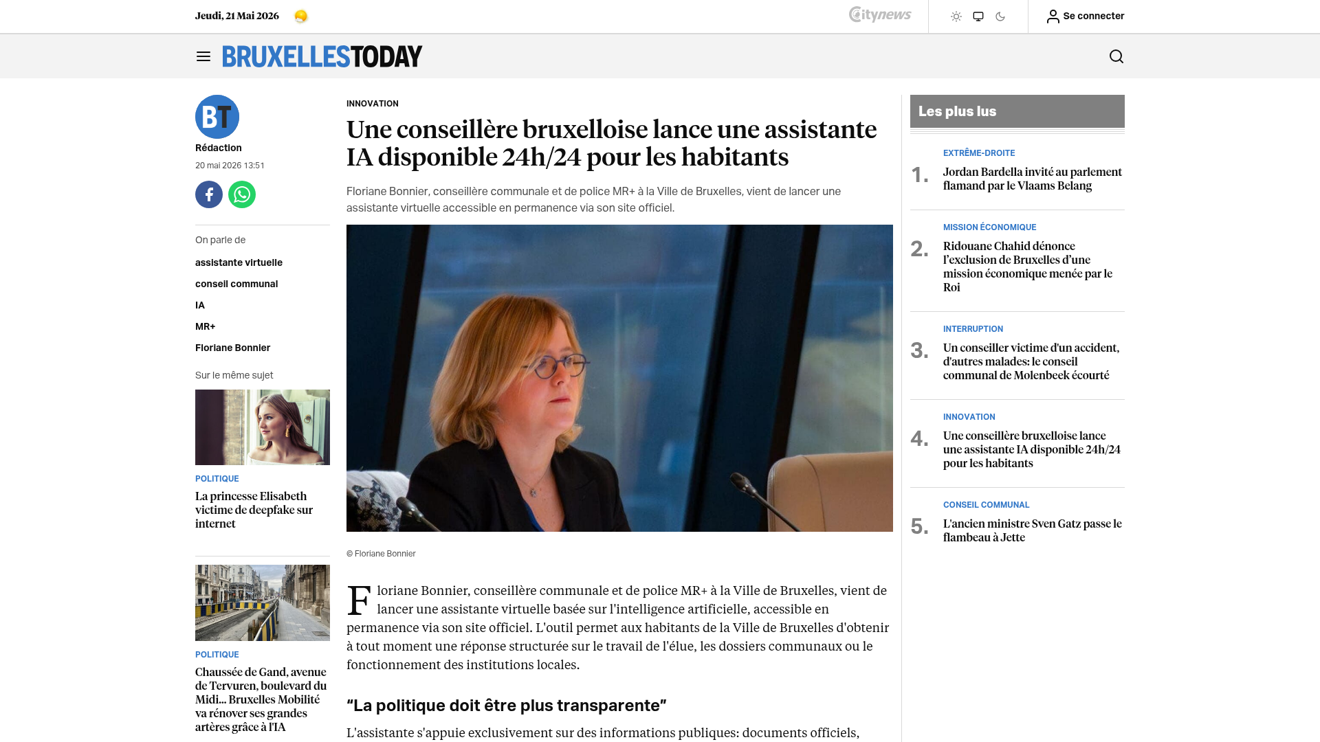 Capture d’écran — Bruxelles Today, 20 mai 2026
