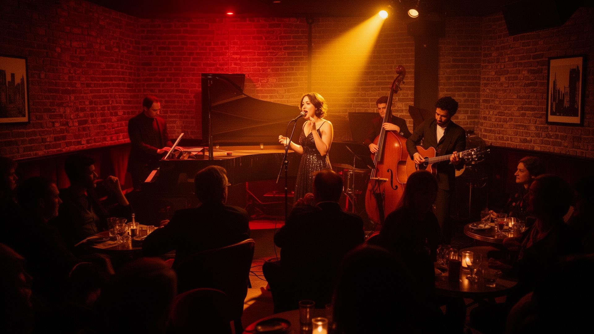 Scène intime du Music Village, club de jazz Rue des Pierres à Bruxelles, chanteuse en robe sombre et quintet en lumière chaude