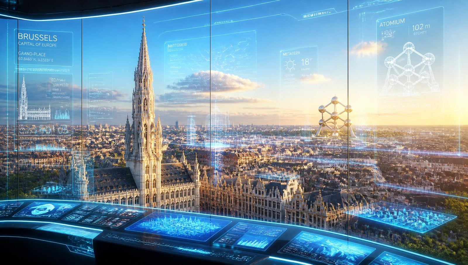 Vue aérienne lumineuse de l'Hôtel de Ville de Bruxelles depuis la rédaction du futur
