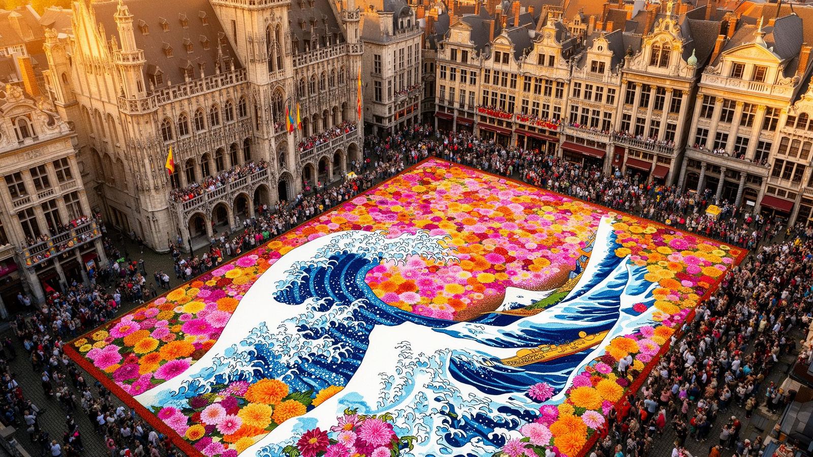 Tapis de Fleurs 2026 — Grande Vague de Kanagawa sur la Grand-Place de Bruxelles